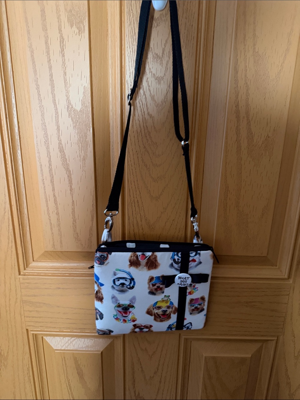 Sassy Sacks Cream Dog-Print Crossbody Bag with Black Strap